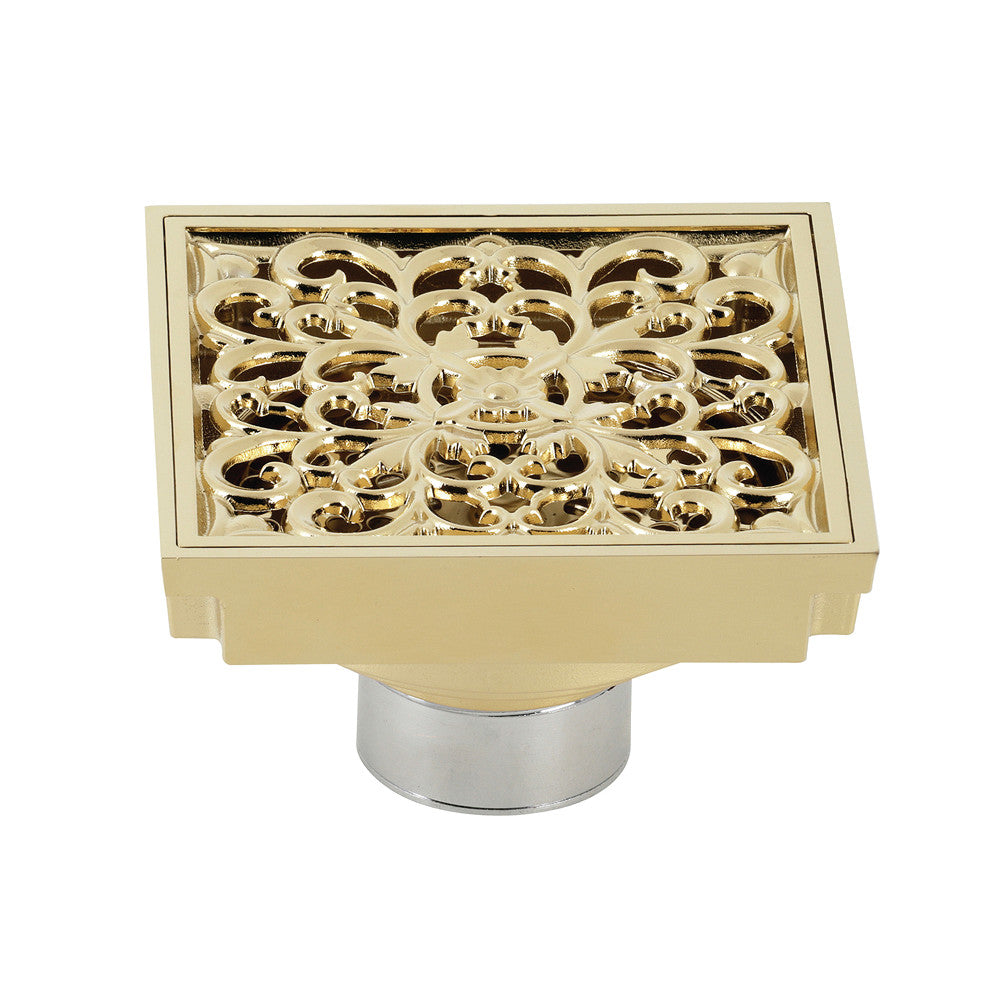 Kingston Brass BSF9771PB Watercourse Scroll 4" Square Grid Shower Drain, Polished Brass - BNGBath