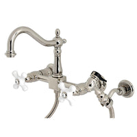 Thumbnail for Kingston Brass KS1266PXBS Heritage Wall Mount Bridge Kitchen Faucet with Brass Sprayer, Polished Nickel - BNGBath