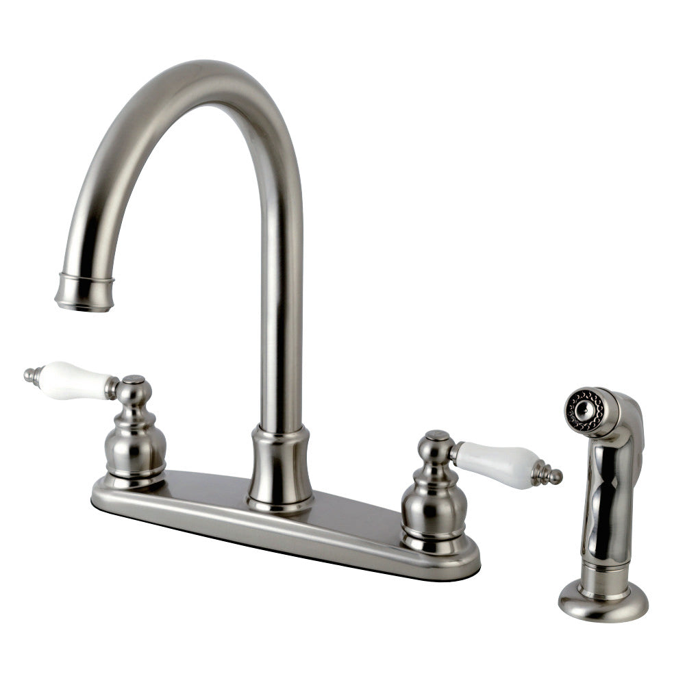 Kingston Brass FB7798PLSP Victorian 8-Inch Centerset Kitchen Faucet with Sprayer, Brushed Nickel - BNGBath