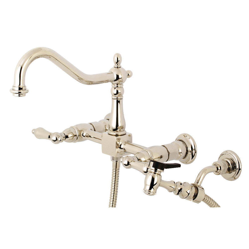 Kingston Brass KS1246ALBS Heritage Two-Handle Wall Mount Bridge Kitchen Faucet with Brass Sprayer, Polished Nickel - BNGBath