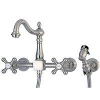 Thumbnail for Kingston Brass KS1268AXBS Heritage Wall Mount Bridge Kitchen Faucet with Brass Sprayer, Brushed Nickel - BNGBath