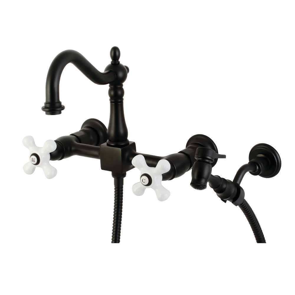 Kingston Brass KS1260PXBS Heritage Wall Mount Bridge Kitchen Faucet with Brass Sprayer, Matte Black - BNGBath