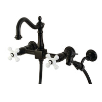 Thumbnail for Kingston Brass KS1260PXBS Heritage Wall Mount Bridge Kitchen Faucet with Brass Sprayer, Matte Black - BNGBath