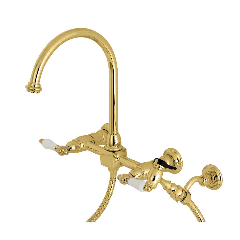 Kingston Brass KS1292PLBS Restoration Wall Mount Bridge Kitchen Faucet with Brass Sprayer, Polished Brass - BNGBath