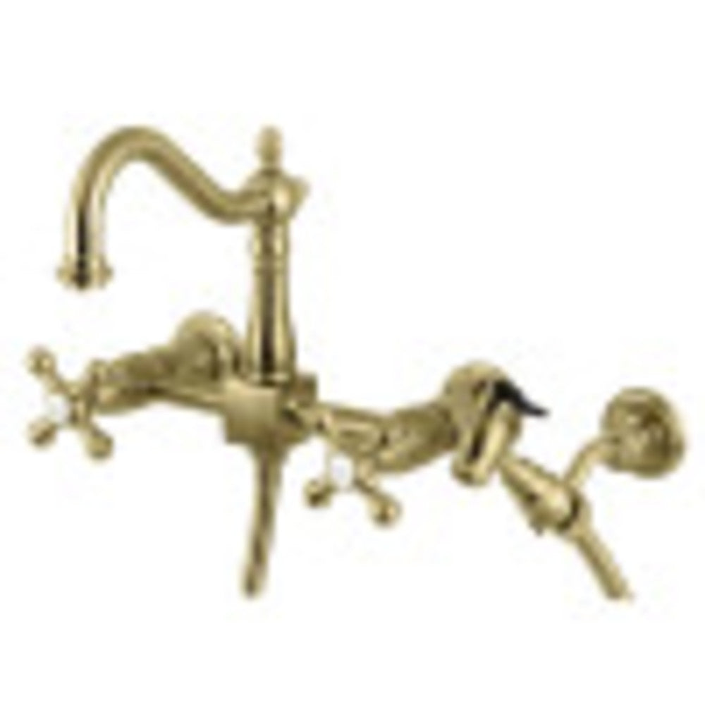 Kingston Brass KS1267AXBS Heritage Wall Mount Bridge Kitchen Faucet with Brass Sprayer, Brushed Brass - BNGBath