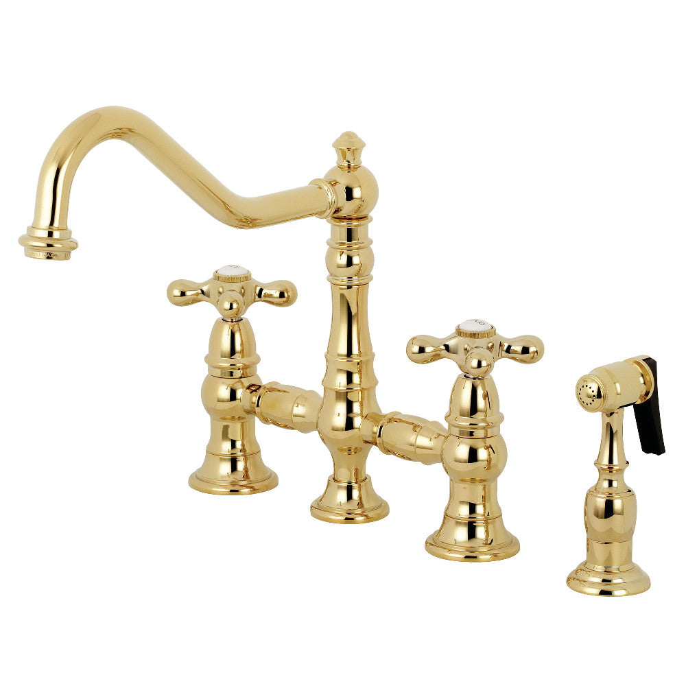 Kingston Brass KS3272AXBS Restoration 8" Bridge Kitchen Faucet with Sprayer, Polished Brass - BNGBath