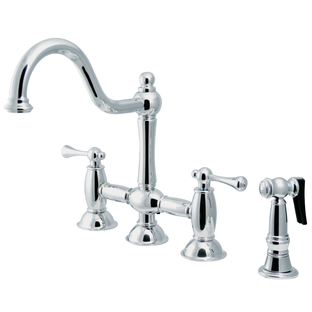 Kingston Brass KS3791BLBS Restoration Bridge Kitchen Faucet with Brass Sprayer, Polished Chrome - BNGBath