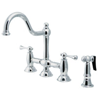 Thumbnail for Kingston Brass KS3791BLBS Restoration Bridge Kitchen Faucet with Brass Sprayer, Polished Chrome - BNGBath