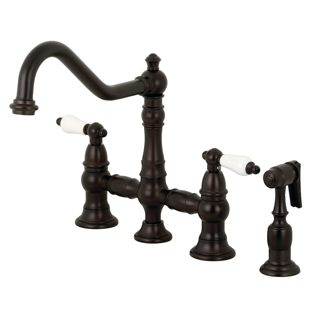 Kingston Brass KS3275PLBS Restoration 8-Inch Bridge Kitchen Faucet with Sprayer, Oil Rubbed Bronze - BNGBath