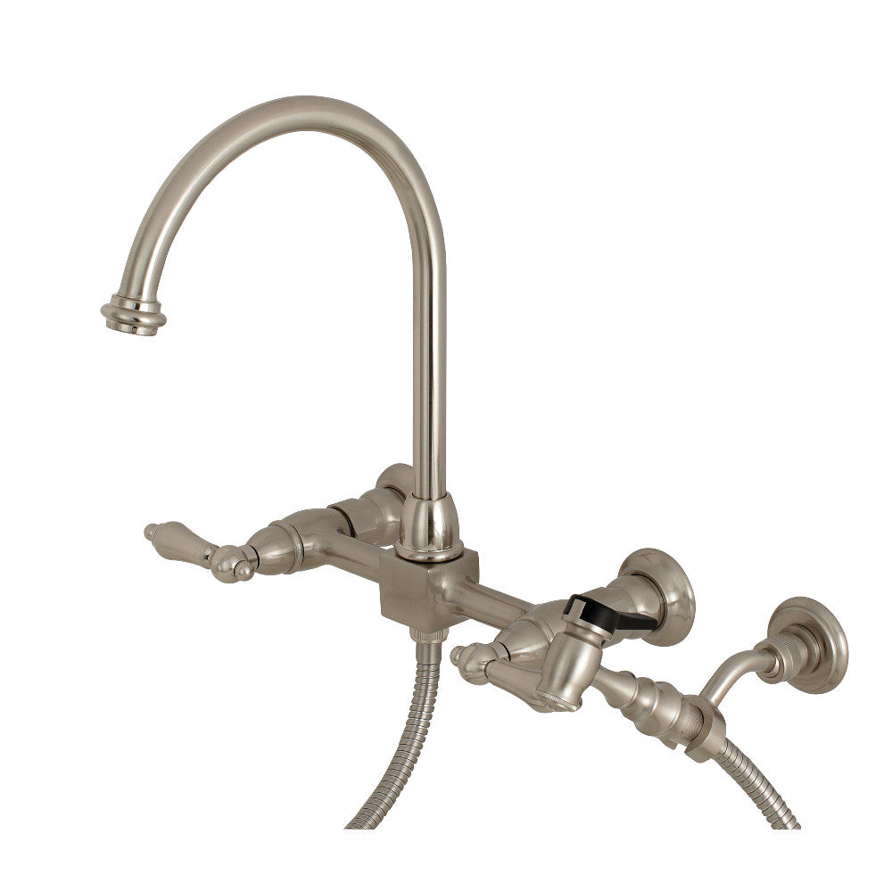 Kingston Brass KS1298ALBS Restoration Wall Mount Bridge Kitchen Faucet with Brass Sprayer, Brushed Nickel - BNGBath