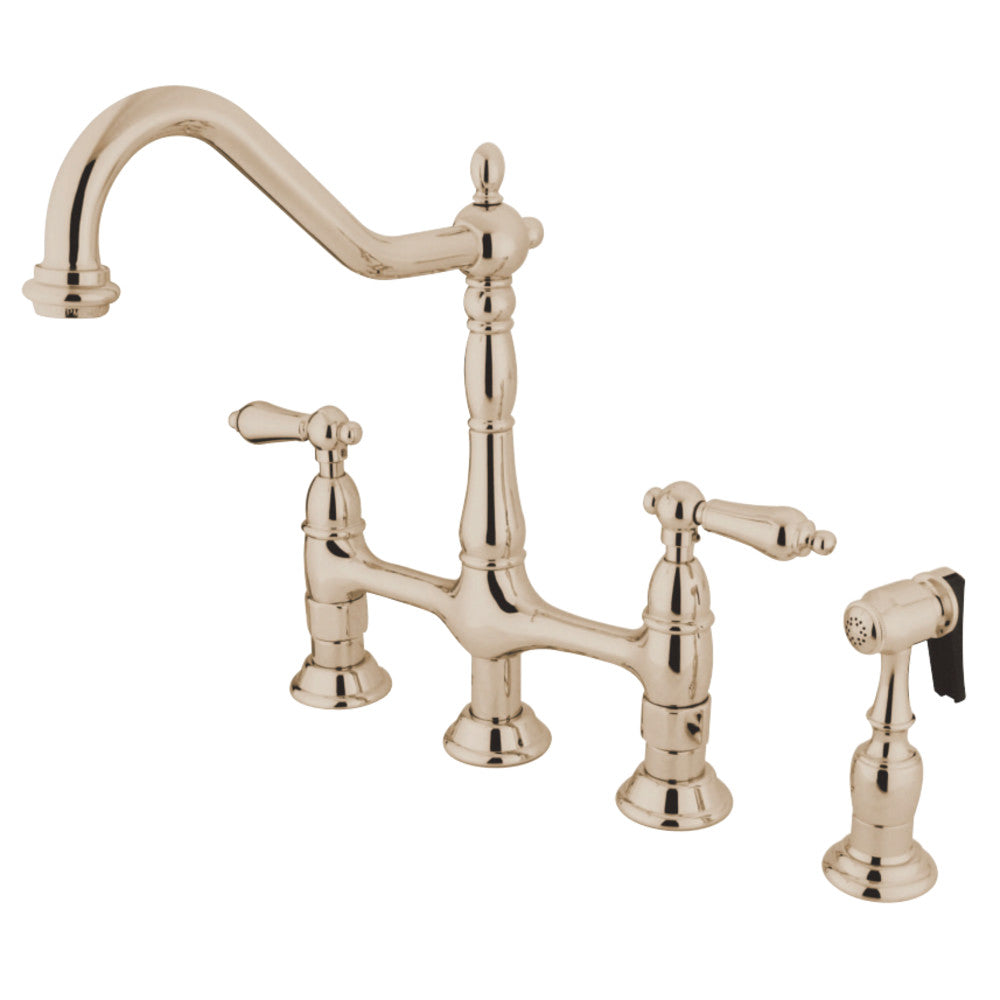 Kingston Brass KS1276ALBS Heritage Bridge Kitchen Faucet with Brass Sprayer, Polished Nickel - BNGBath