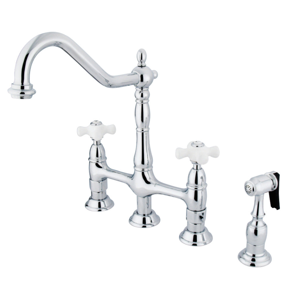 Kingston Brass KS1271PXBS Heritage Bridge Kitchen Faucet with Brass Sprayer, Polished Chrome - BNGBath