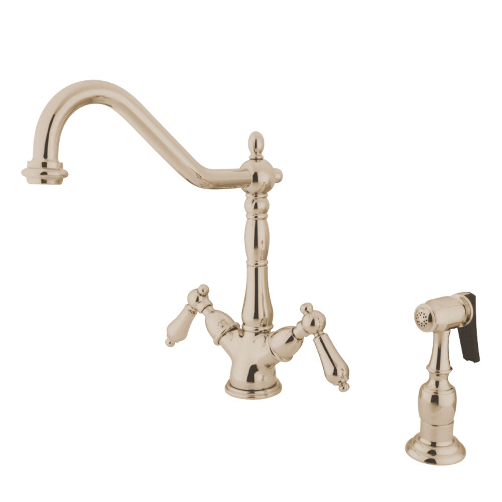 Kingston Brass KS1236ALBS Heritage Mono Deck Mount Kitchen Faucet with Brass Sprayer, Polished Nickel - BNGBath