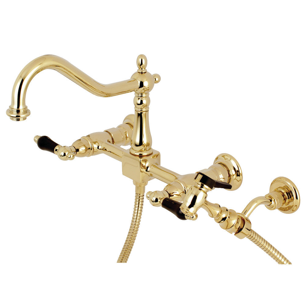 Kingston Brass KS1242PKLBS Duchess Two-Handle Wall Mount Bridge Kitchen Faucet with Brass Sprayer, Polished Brass - BNGBath