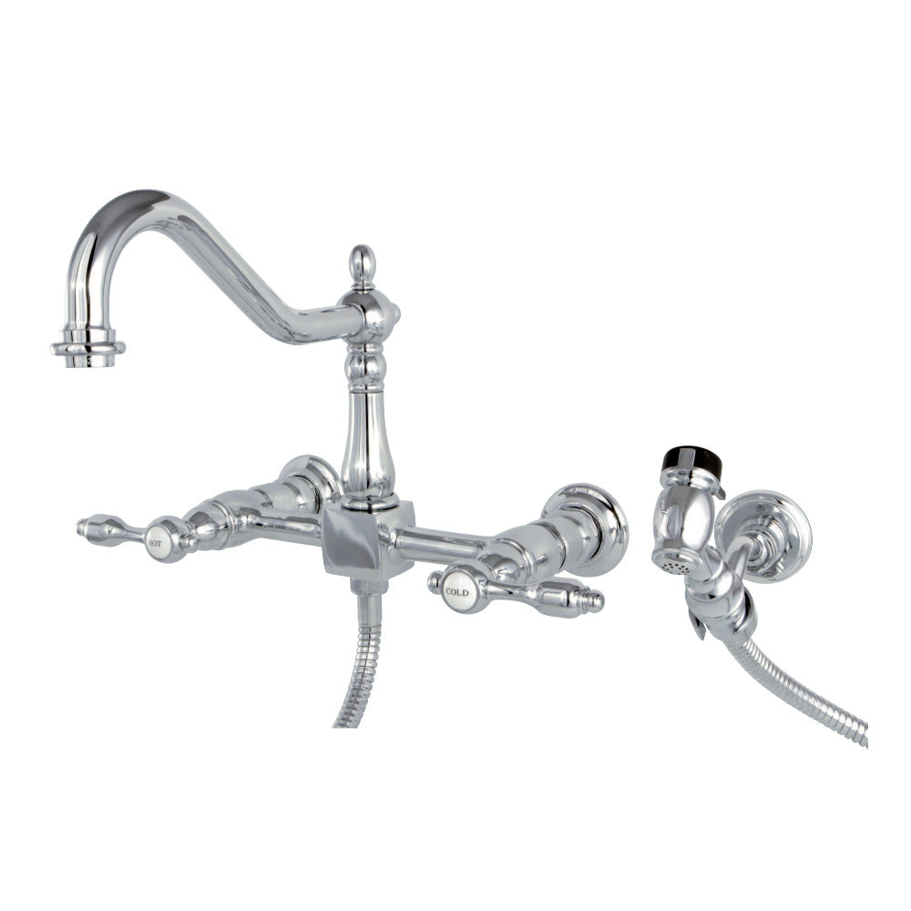 Kingston Brass KS1241TALBS Tudor Wall Mount Bridge Kitchen Faucet with Brass Sprayer, Polished Chrome - BNGBath