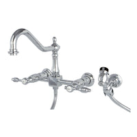 Thumbnail for Kingston Brass KS1241TALBS Tudor Wall Mount Bridge Kitchen Faucet with Brass Sprayer, Polished Chrome - BNGBath