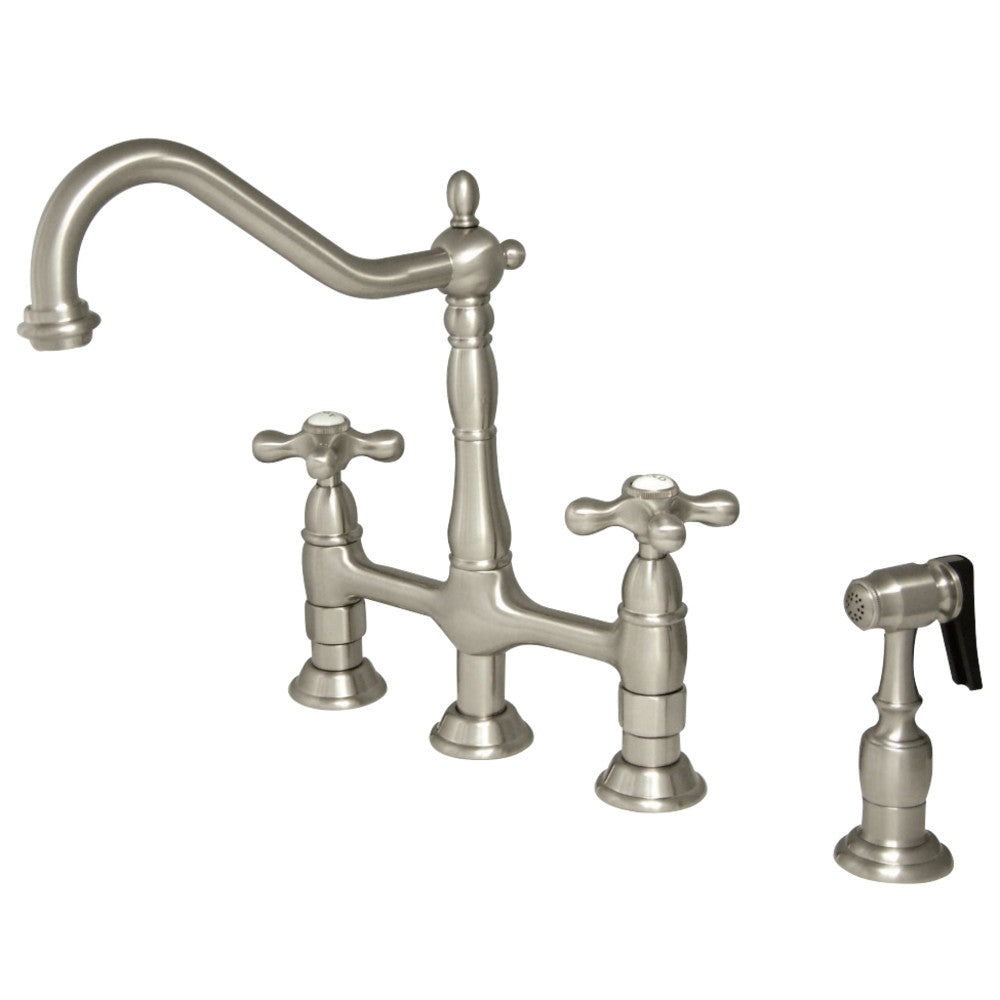 Kingston Brass KS1278AXBS Heritage Bridge Kitchen Faucet with Brass Sprayer, Brushed Nickel - BNGBath