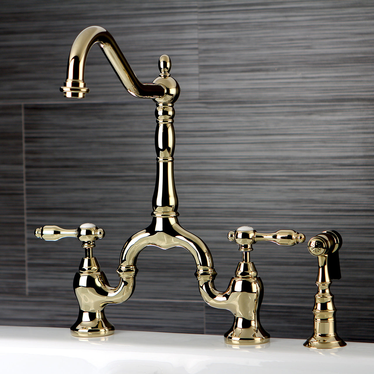 Kingston Brass KS7751TALBS Tudor Bridge Kitchen Faucet with Brass Sprayer, Polished Chrome - BNGBath