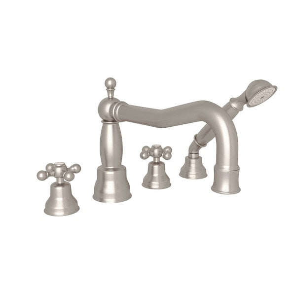 Arcana Column Spout 4-Hole Deck Mount Tub Filler With Handshower and Cross Handle - BNGBath