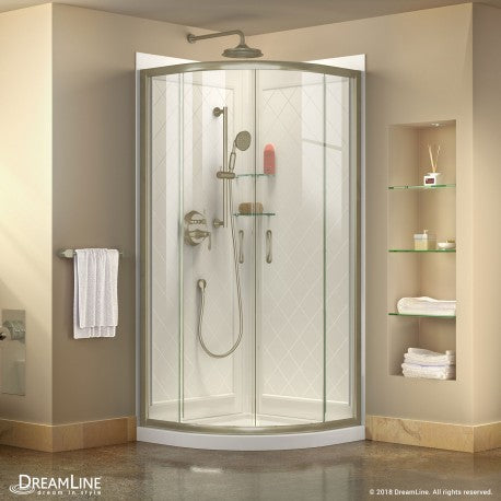 DreamLine Prime 33 in. x 33 in. x 76 3/4 in. H Sliding Shower Enclosure, Shower Base and QWALL-4 Acrylic Backwall Kit, Clear Glass - BNGBath