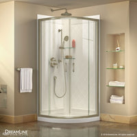 Thumbnail for DreamLine Prime 33 in. x 33 in. x 76 3/4 in. H Sliding Shower Enclosure, Shower Base and QWALL-4 Acrylic Backwall Kit, Clear Glass - BNGBath