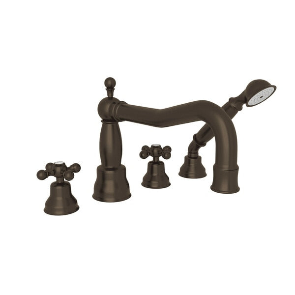 Arcana Column Spout 4-Hole Deck Mount Tub Filler With Handshower and Cross Handle - BNGBath