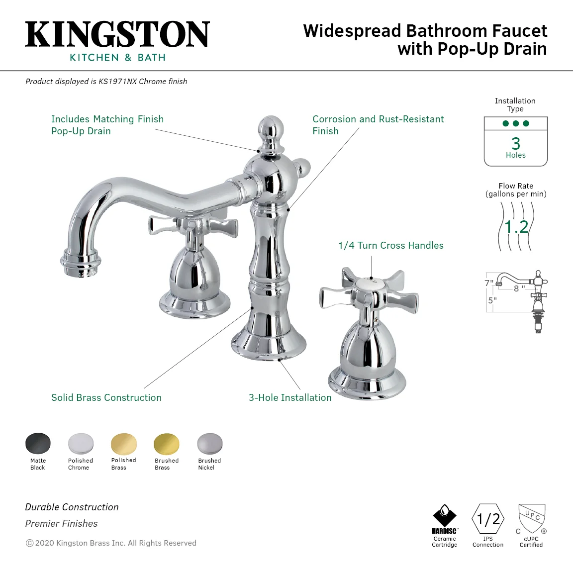 Kingston Brass KS1977NX Hamilton Widespread Bathroom Faucet with Brass Pop-Up - BNGBath