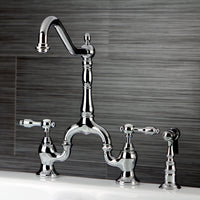 Thumbnail for Kingston Brass KS7751TALBS Tudor Bridge Kitchen Faucet with Brass Sprayer, Polished Chrome - BNGBath