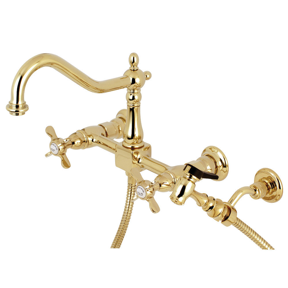 Kingston Brass KS1242BEXBS Essex Wall Mount Bridge Kitchen Faucet with Brass Sprayer, Polished Brass - BNGBath