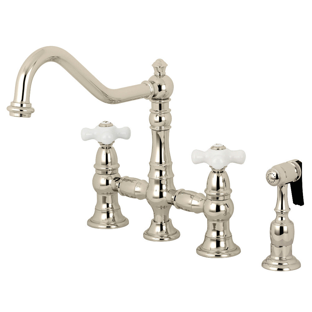 Kingston Brass KS3276PXBS Restoration 8" Bridge Kitchen Faucet with Sprayer, Polished Nickel - BNGBath