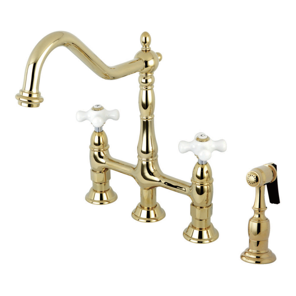 Kingston Brass KS1272PXBS Heritage Bridge Kitchen Faucet with Brass Sprayer, Polished Brass - BNGBath