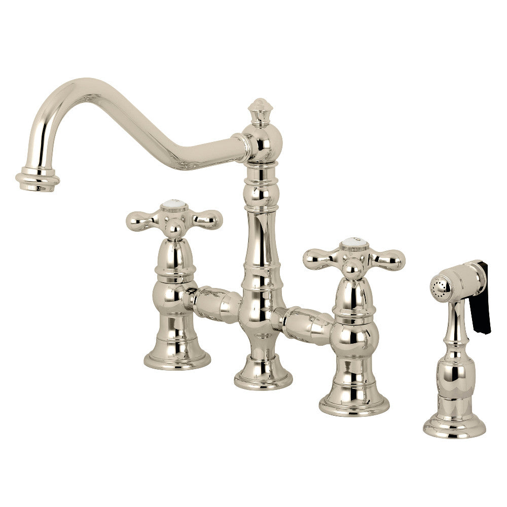 Kingston Brass KS3276AXBS Restoration 8" Bridge Kitchen Faucet with Sprayer, Polished Nickel - BNGBath