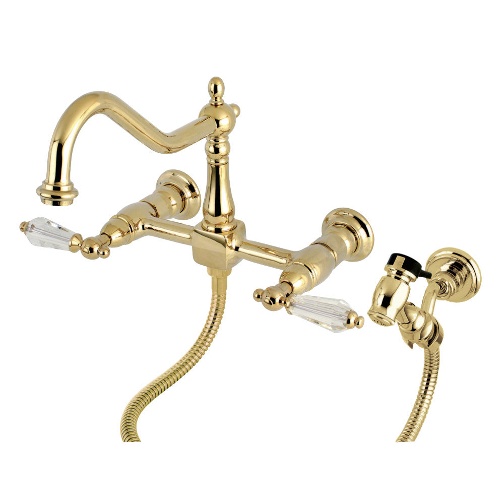 Kingston Brass KS1242WLLBS Wilshire Wall Mount Bridge Kitchen Faucet with Brass Sprayer, Polished Brass - BNGBath