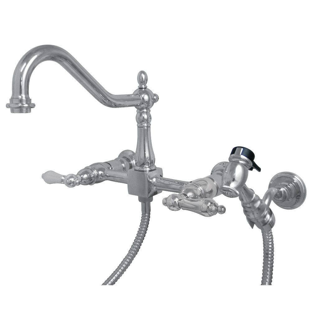 Kingston Brass KS1241ALBS Heritage Two-Handle Wall Mount Bridge Kitchen Faucet with Brass Sprayer, Polished Chrome - BNGBath