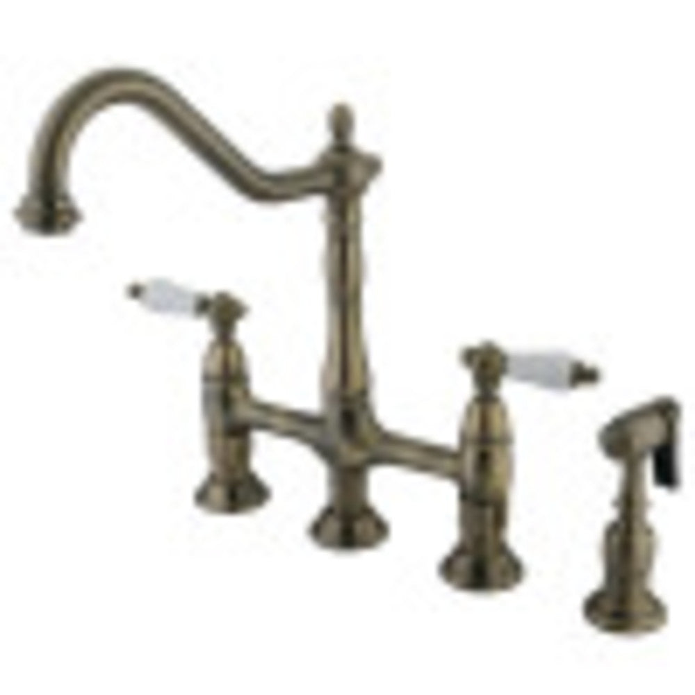 Kingston Brass KS1273PLBS Heritage Bridge Kitchen Faucet with Brass Sprayer, Antique Brass - BNGBath