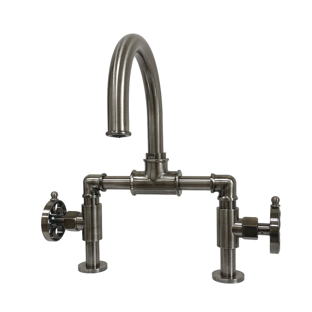 Kingston Brass KS217RXVN Belknap Industrial Style Wheel Handle Bridge Bathroom Faucet with Pop-Up Drain, Black Stainless - BNGBath