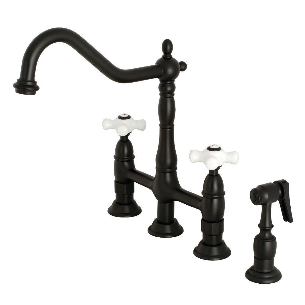 Kingston Brass KS1270PXBS Heritage Bridge Kitchen Faucet with Brass Sprayer, Matte Black - BNGBath