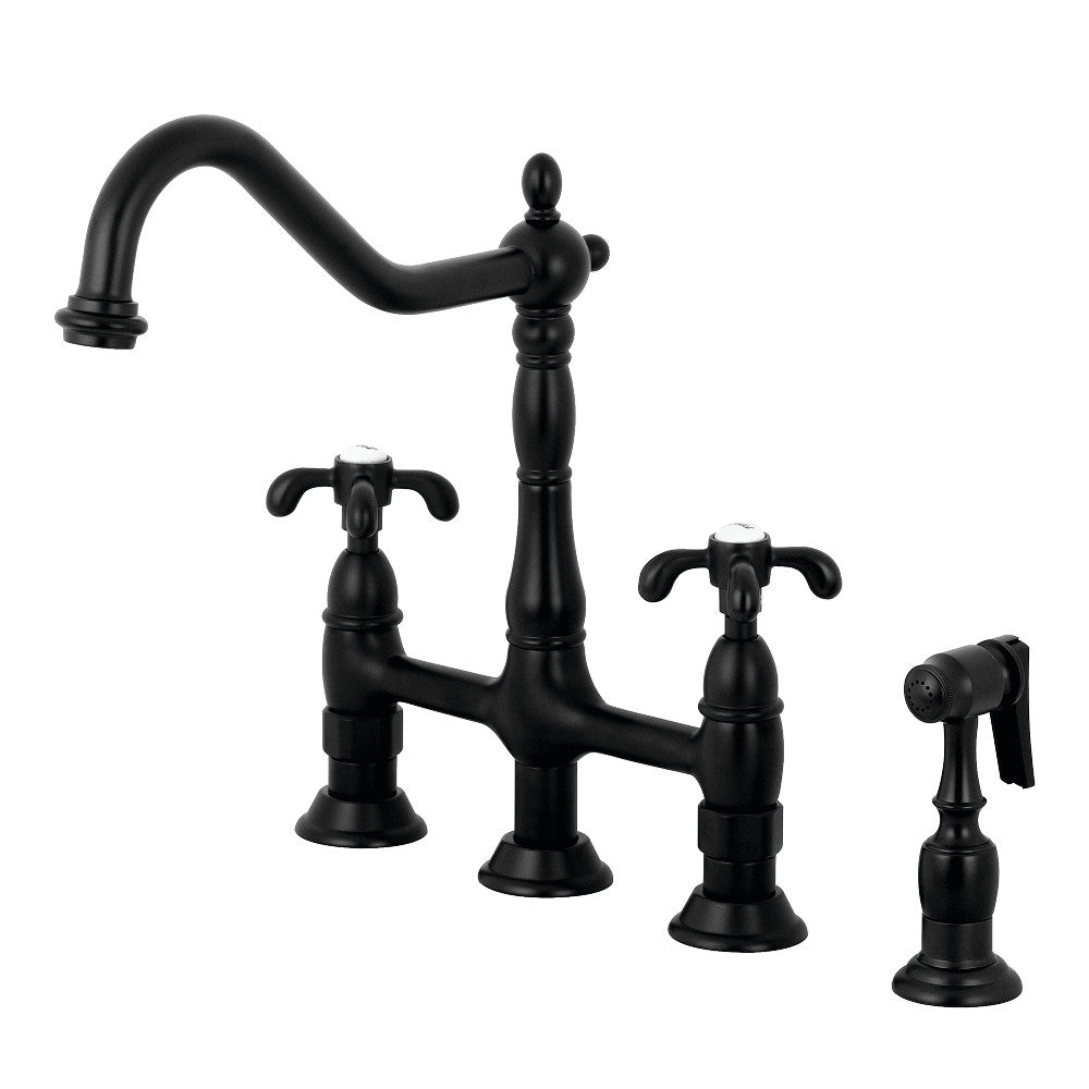 Kingston Brass KS1270TXBS French Country Bridge Kitchen Faucet with Brass Sprayer, Matte Black - BNGBath