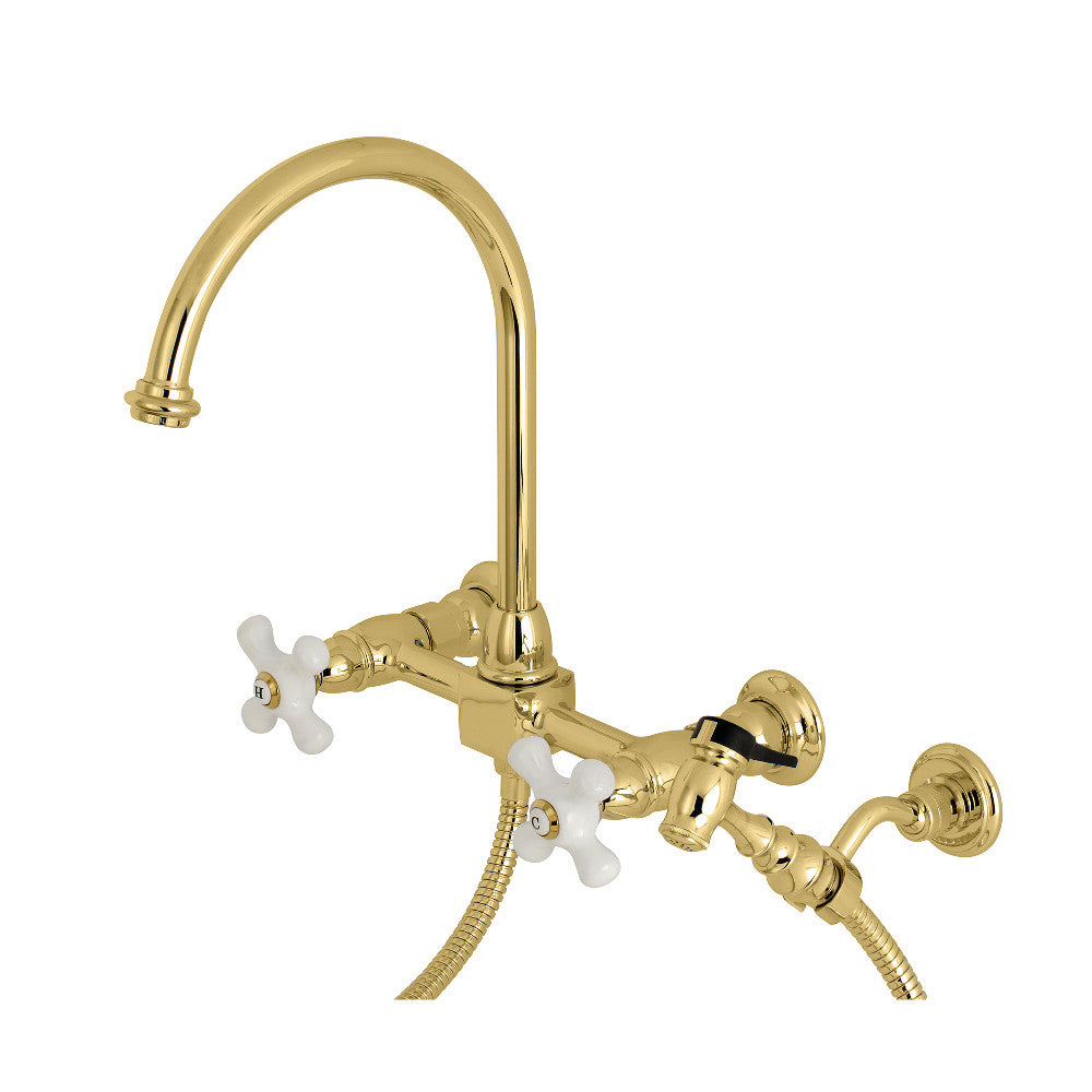 Kingston Brass KS1292PXBS Restoration Wall Mount Bridge Kitchen Faucet with Brass Sprayer, Polished Brass - BNGBath