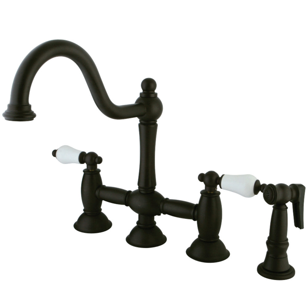 Kingston Brass KS3795PLBS Restoration Bridge Kitchen Faucet with Brass Sprayer, Oil Rubbed Bronze - BNGBath