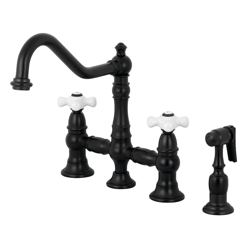 Kingston Brass KS3270PXBS Restoration 8" Bridge Kitchen Faucet with Sprayer, Matte Black - BNGBath