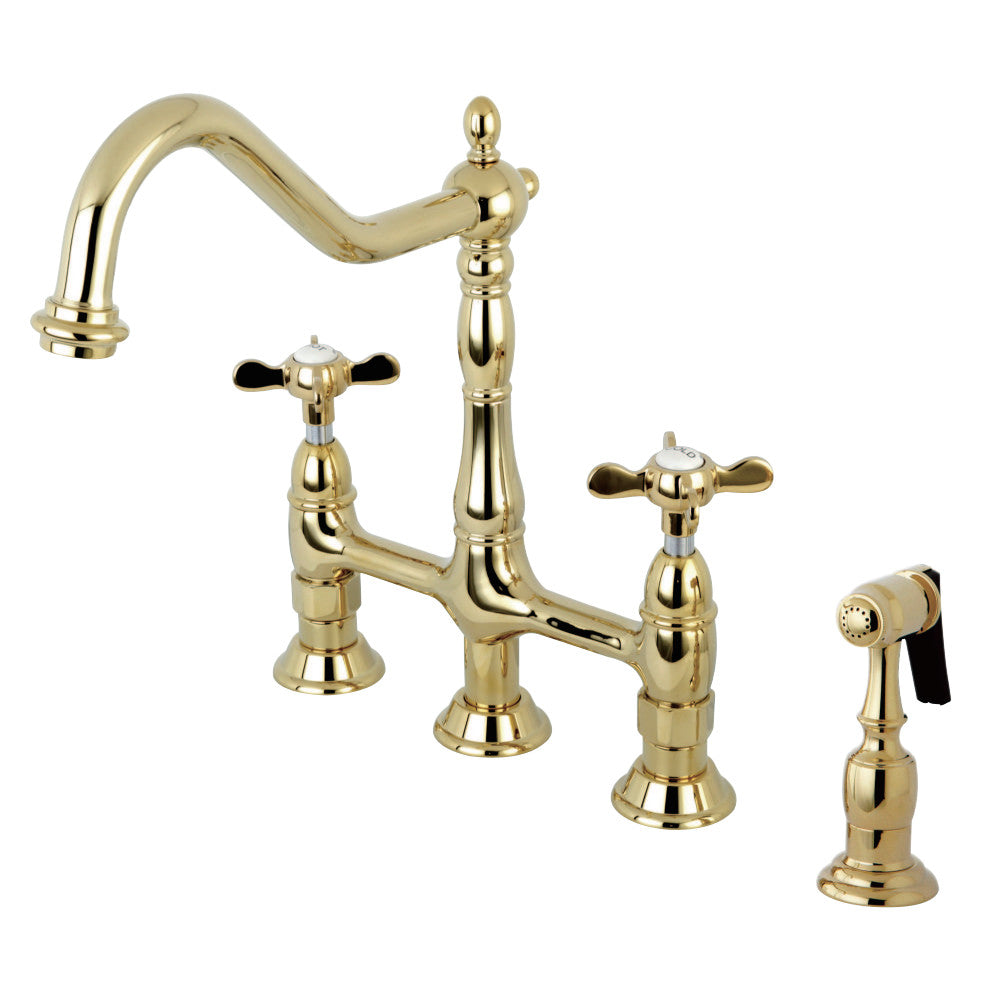 Kingston Brass KS1272BEXBS Essex Bridge Kitchen Faucet with Brass Sprayer, Polished Brass - BNGBath