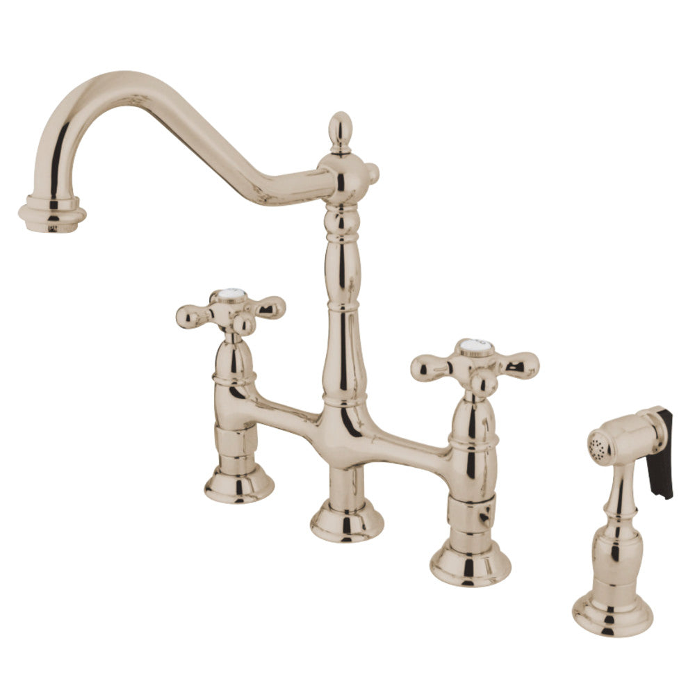 Kingston Brass KS1276AXBS Heritage Bridge Kitchen Faucet with Brass Sprayer, Polished Nickel - BNGBath