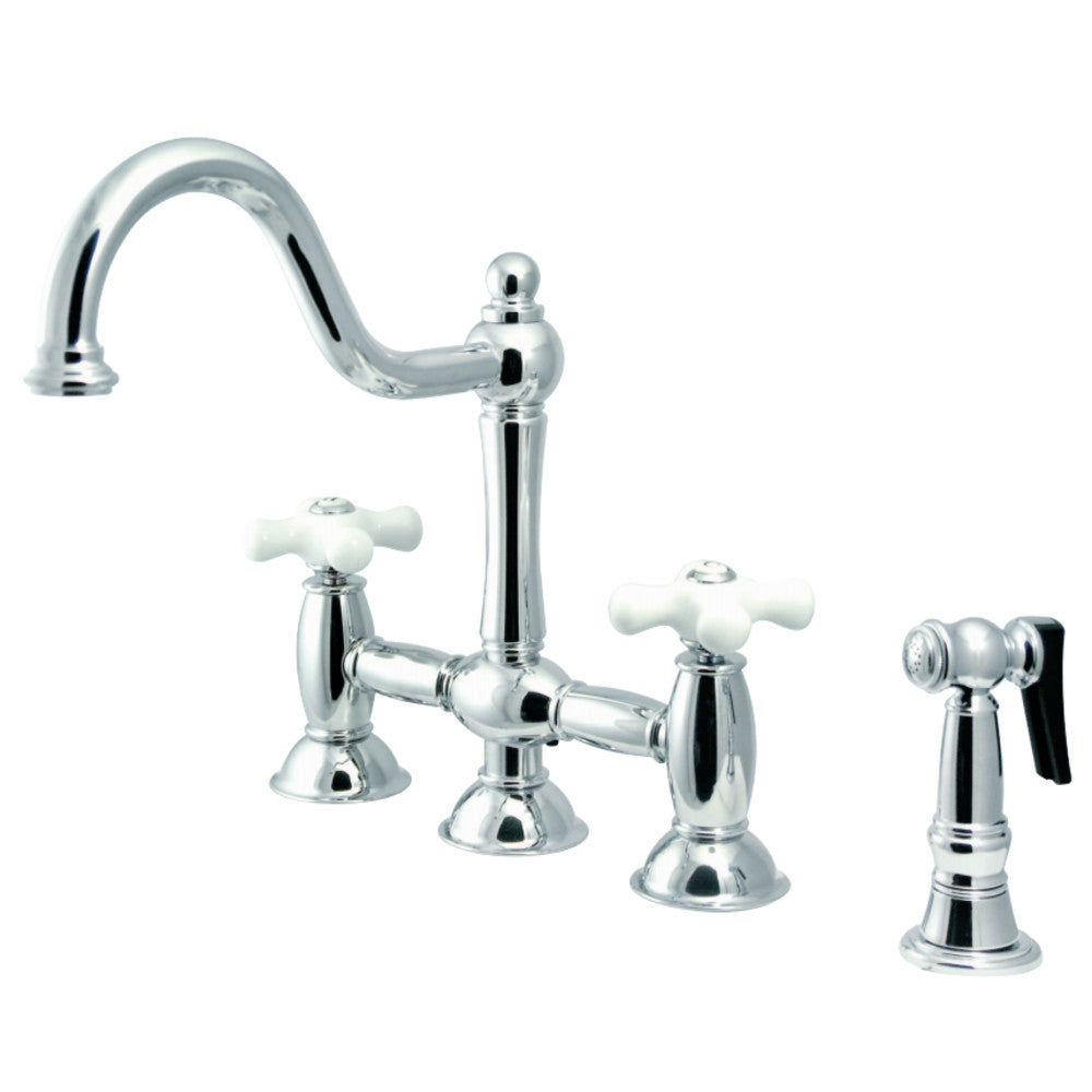 Kingston Brass KS3791PXBS Restoration Bridge Kitchen Faucet with Brass Sprayer, Polished Chrome - BNGBath