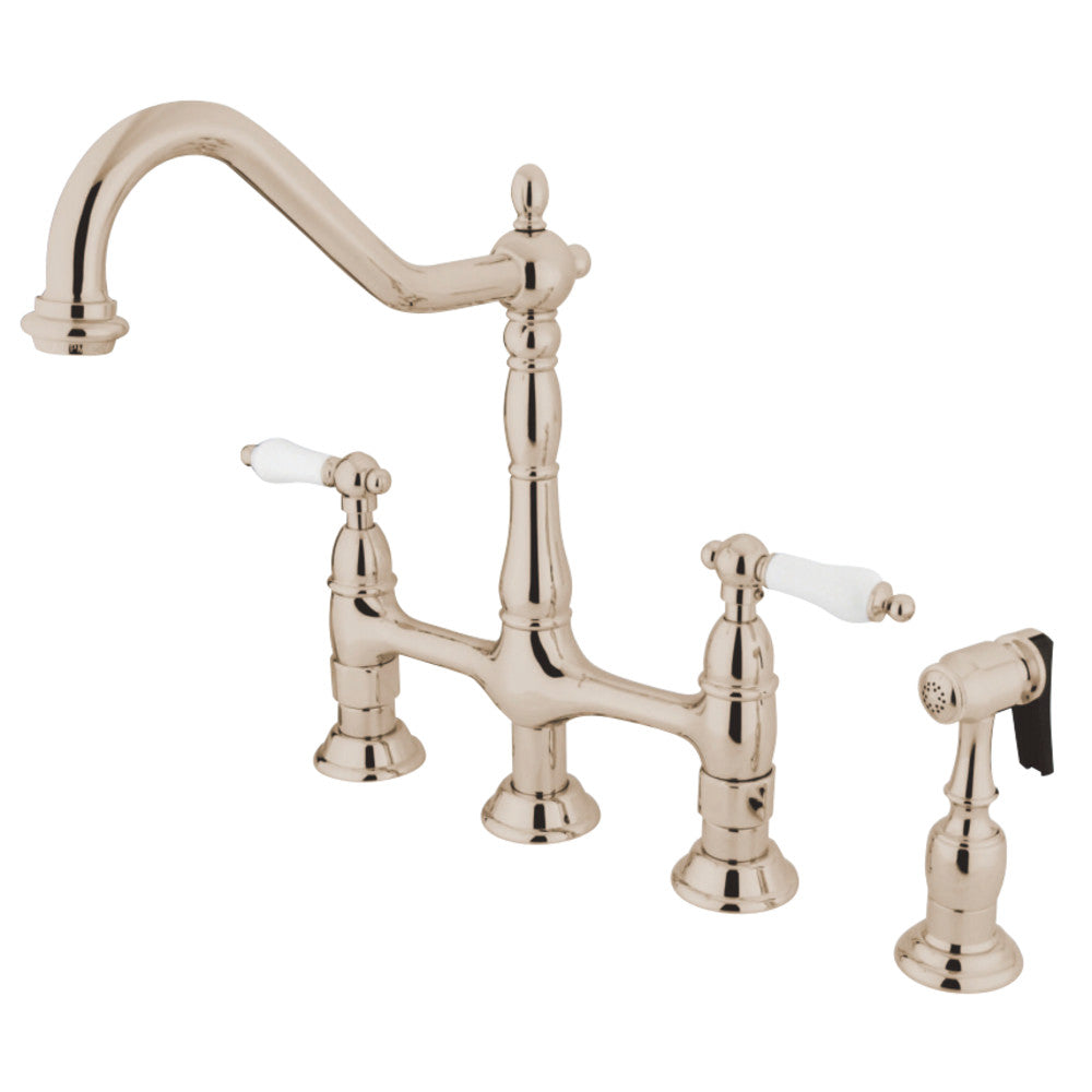 Kingston Brass KS1276PLBS Heritage Bridge Kitchen Faucet with Brass Sprayer, Polished Nickel - BNGBath