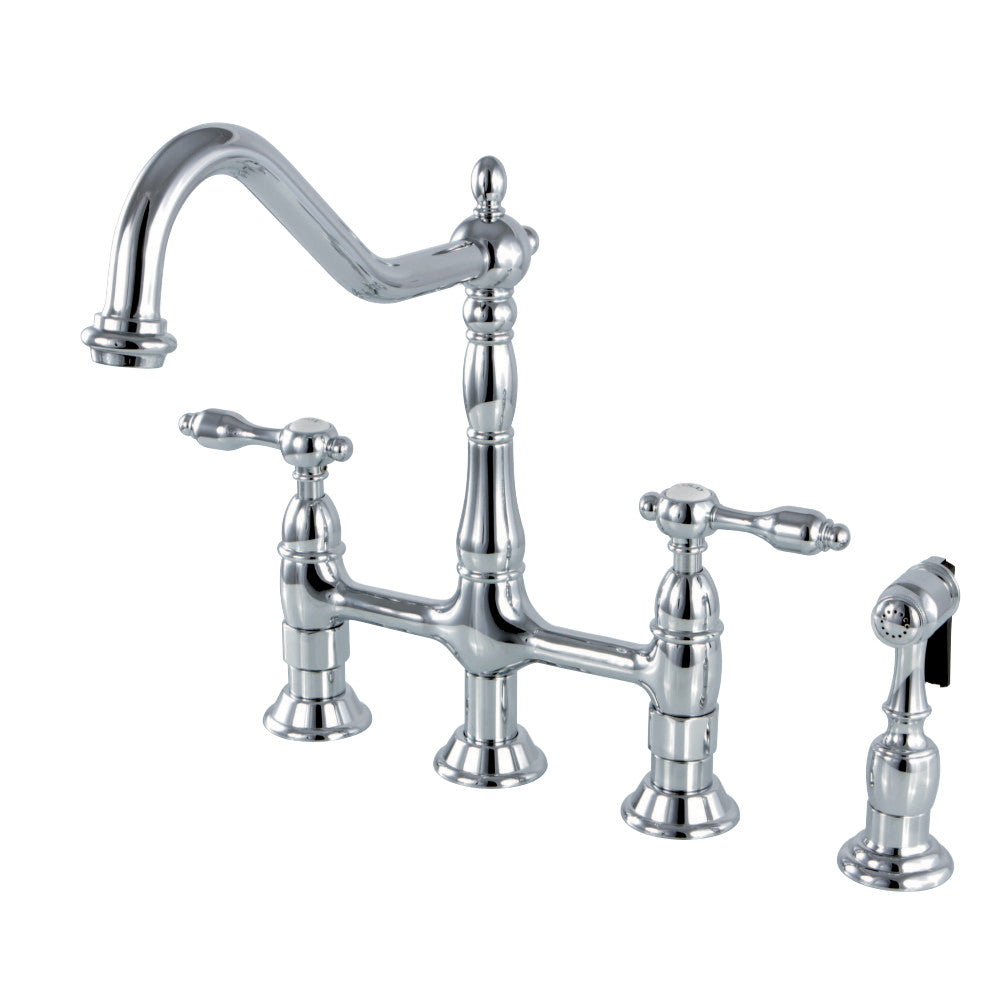 Kingston Brass KS1271TALBS Tudor Bridge Kitchen Faucet with Brass Sprayer, Polished Chrome - BNGBath