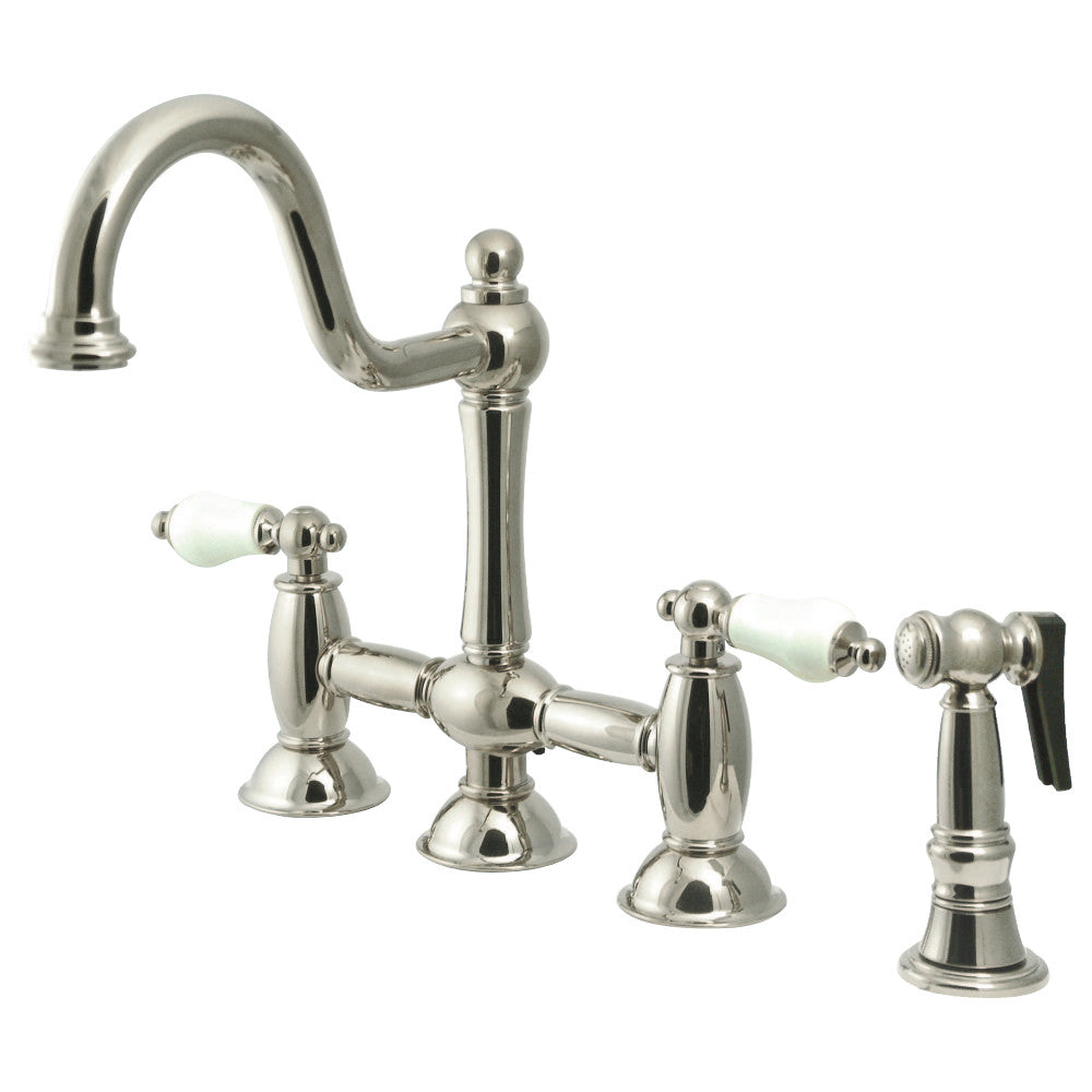 Kingston Brass KS3798PLBS Restoration Bridge Kitchen Faucet with Brass Sprayer, Brushed Nickel - BNGBath