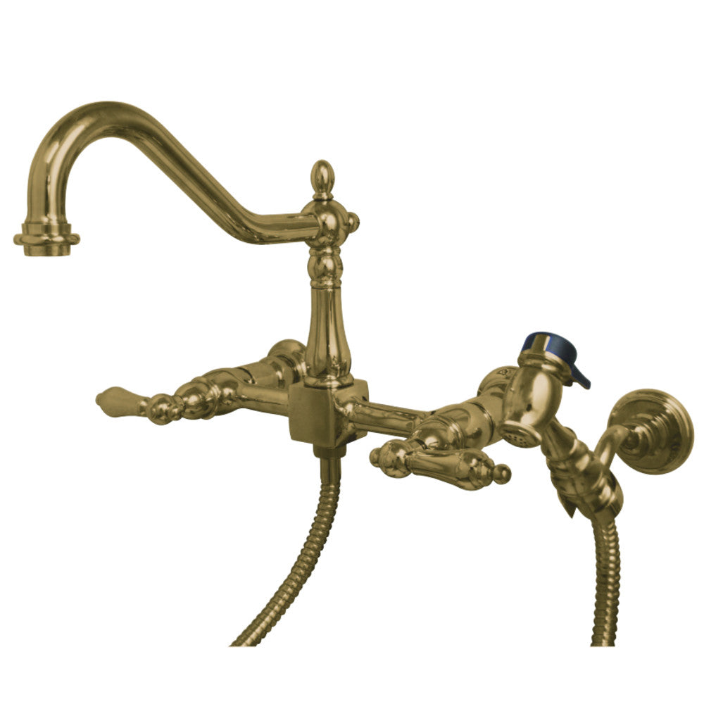 Kingston Brass KS1242ALBS Heritage Two-Handle Wall Mount Bridge Kitchen Faucet with Brass Sprayer, Polished Brass - BNGBath