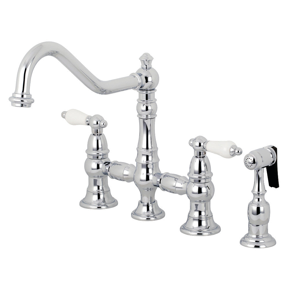 Kingston Brass KS3271PLBS Restoration 8" Bridge Kitchen Faucet with Sprayer, Polished Chrome - BNGBath