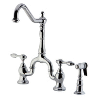 Thumbnail for Kingston Brass KS7751TALBS Tudor Bridge Kitchen Faucet with Brass Sprayer, Polished Chrome - BNGBath